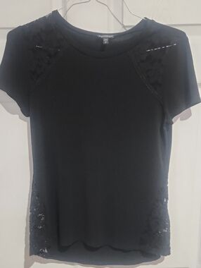 Express Black Short Sleeve Top with Lace Insets